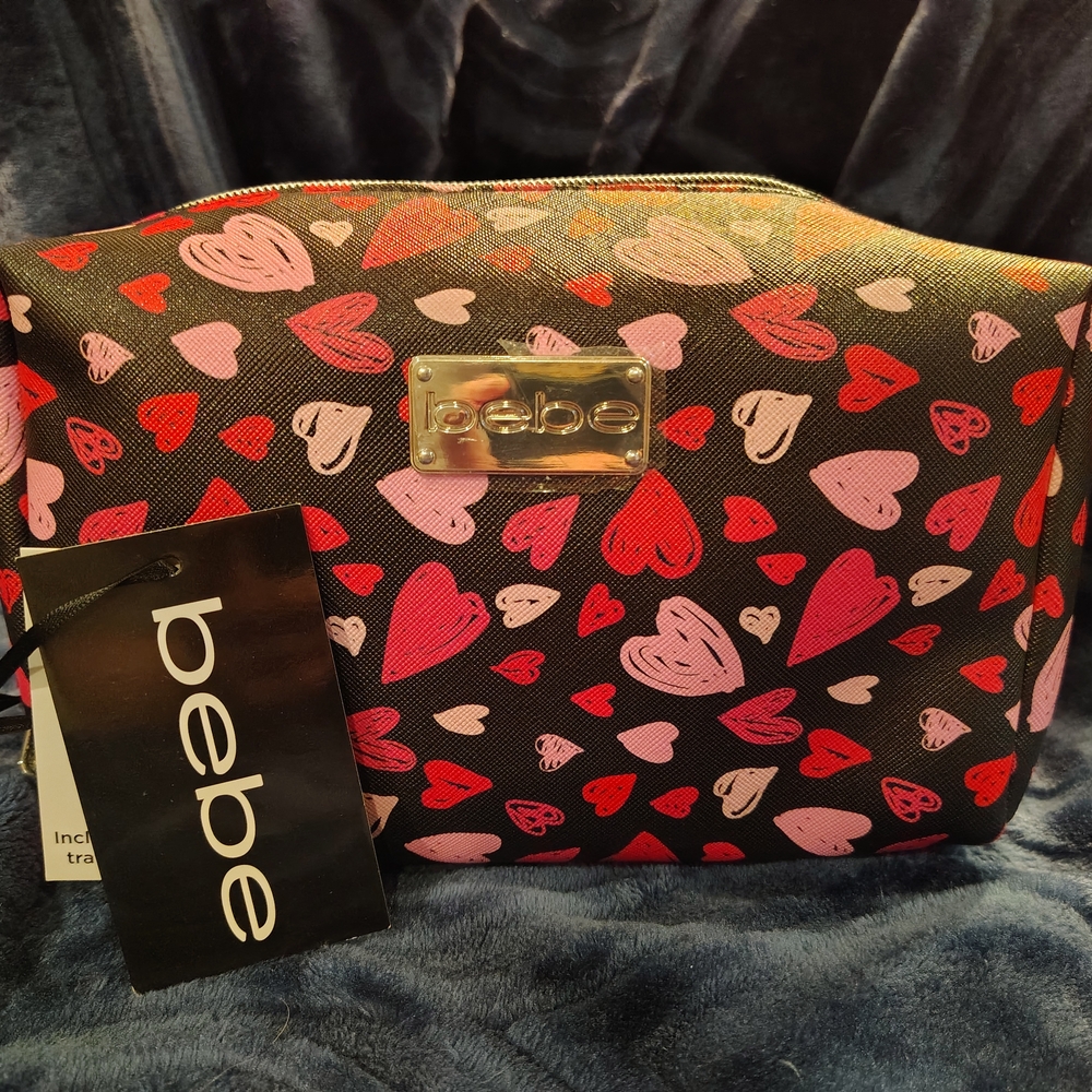 Bebe Heart Pattern Cosmetic Bag in Black and Pink